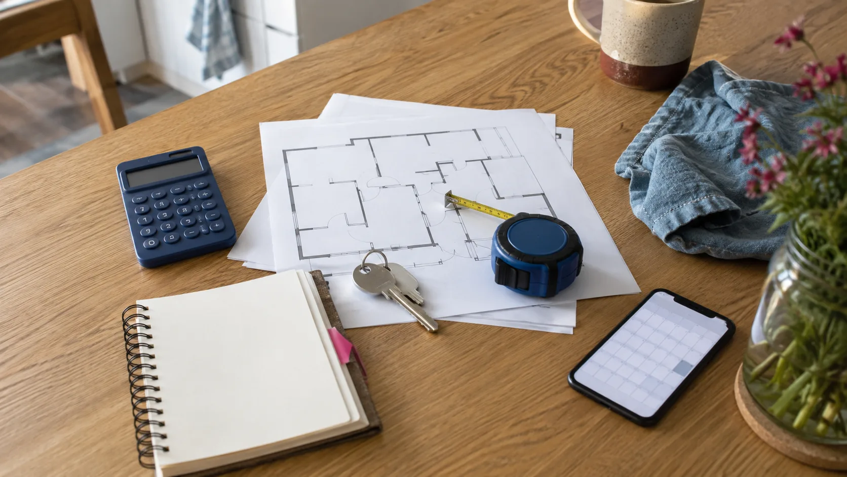 Tafel met vloerplan, meetlint, rekenmachine en sleutel voor het voorbereiden van een woningkoop in Eindhoven