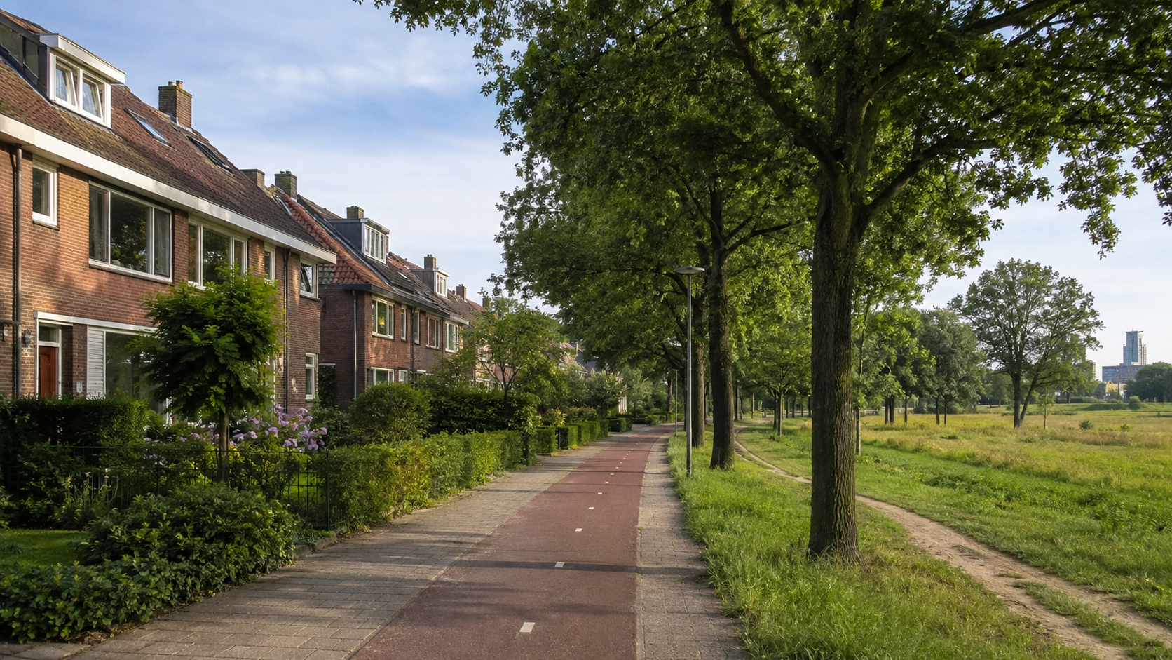 Bakstenen woningen, een fietspad en groene open ruimte in Eindhoven Stratum