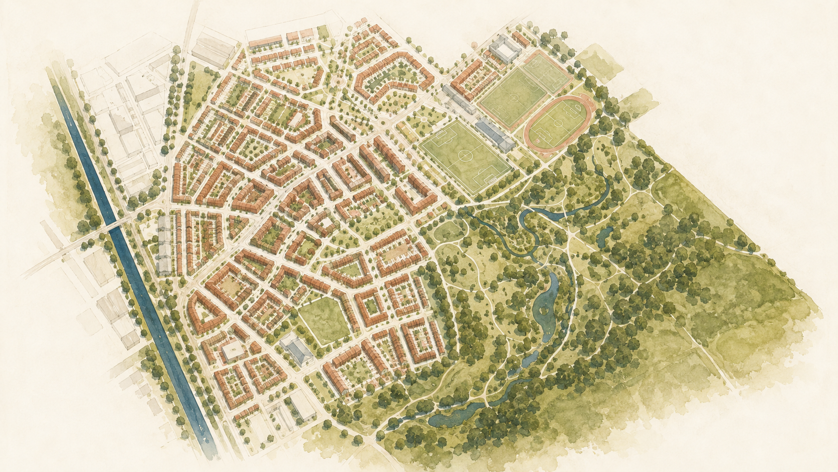 Vogelvluchtillustratie van woningen, sport, groene randen en water in Stratum