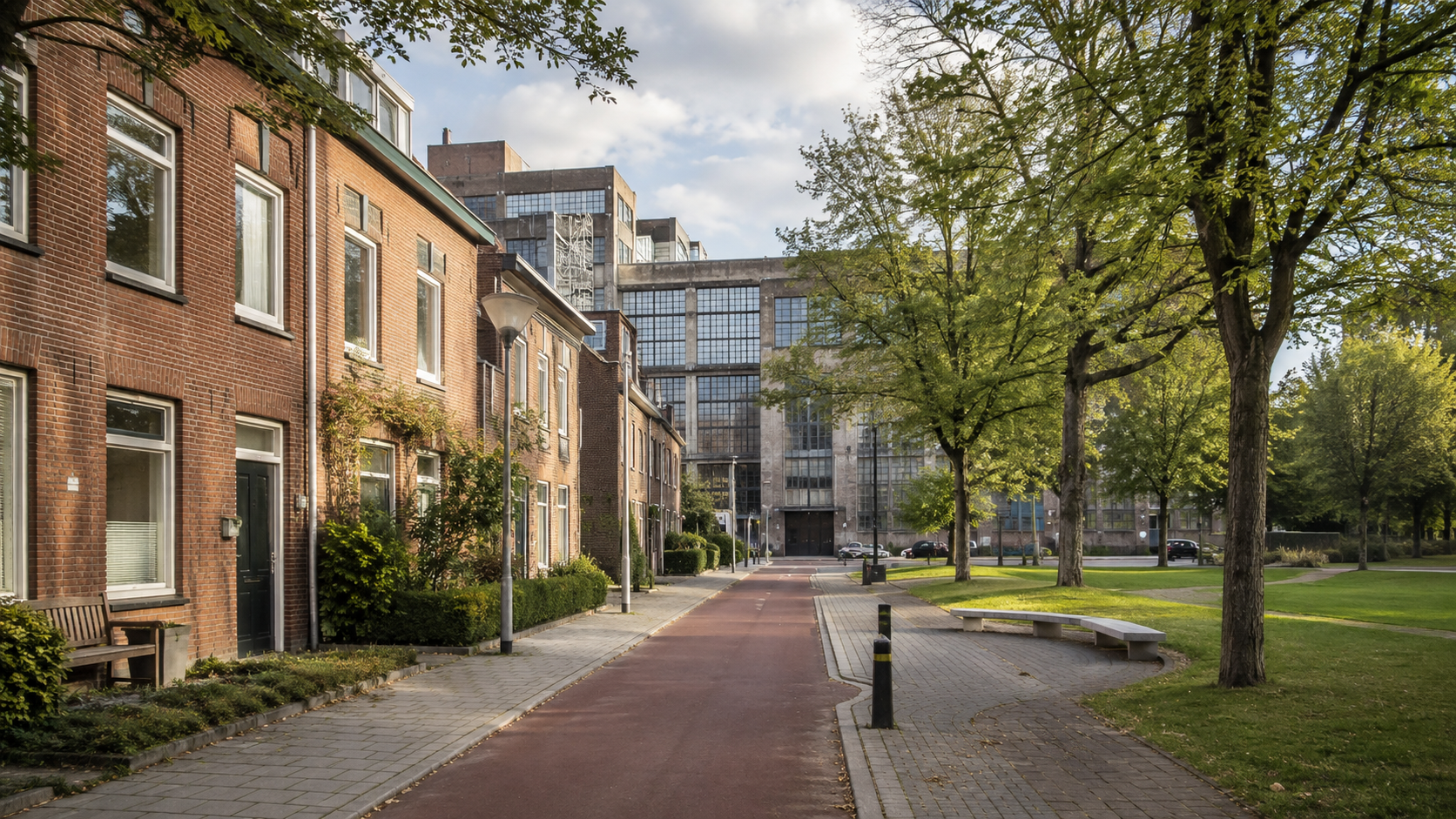 Bakstenen woningen, een groen pad en een industrieel erfgoedgebouw in Eindhoven Strijp