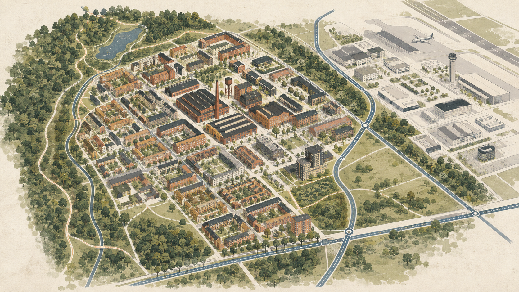 Vogelvluchtillustratie van woningen, groen, werkgebieden en vervoersranden in Strijp
