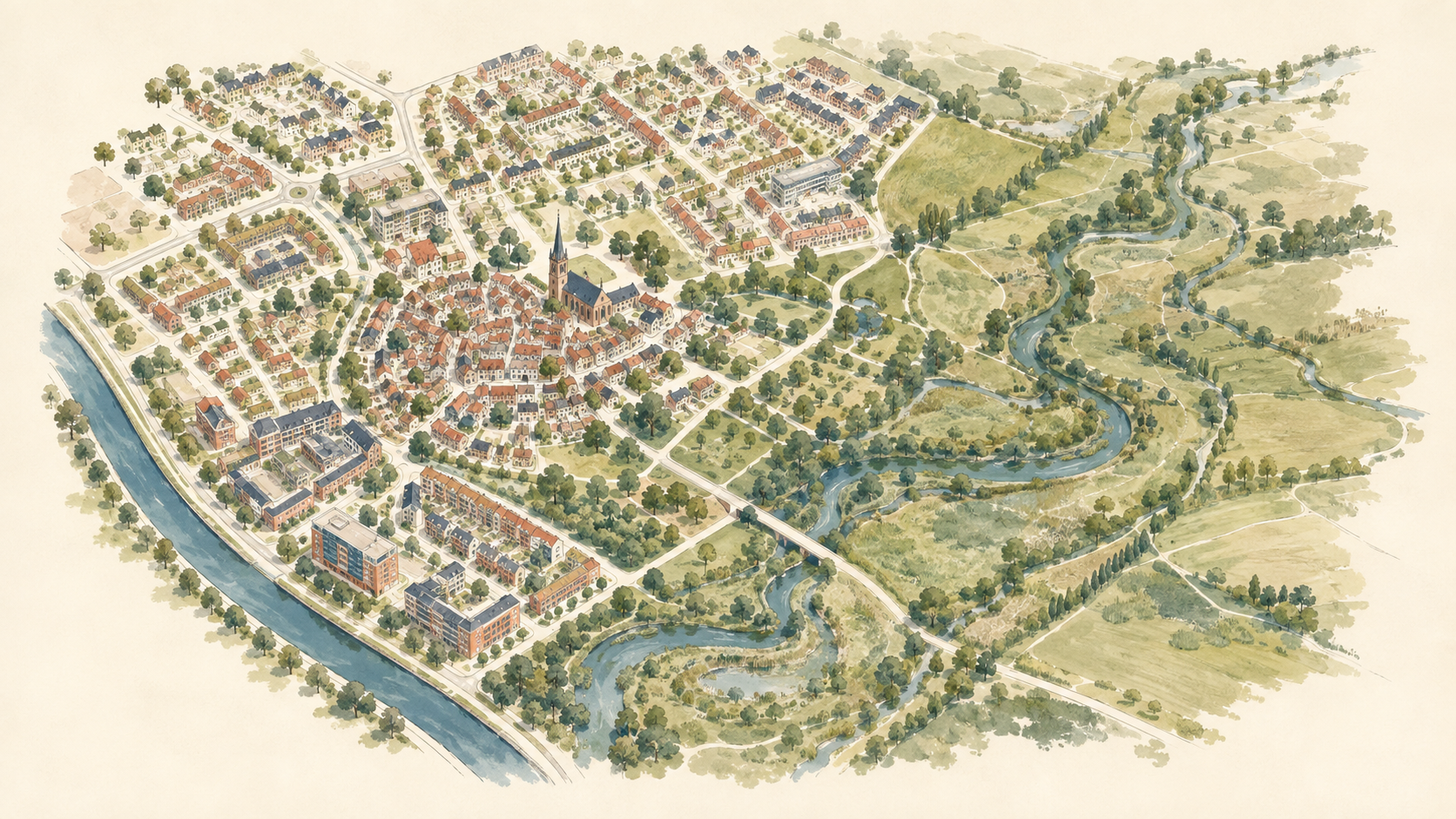 Vogelvluchtillustratie van dorpskarakter, woningen, parken en watergangen in Tongelre