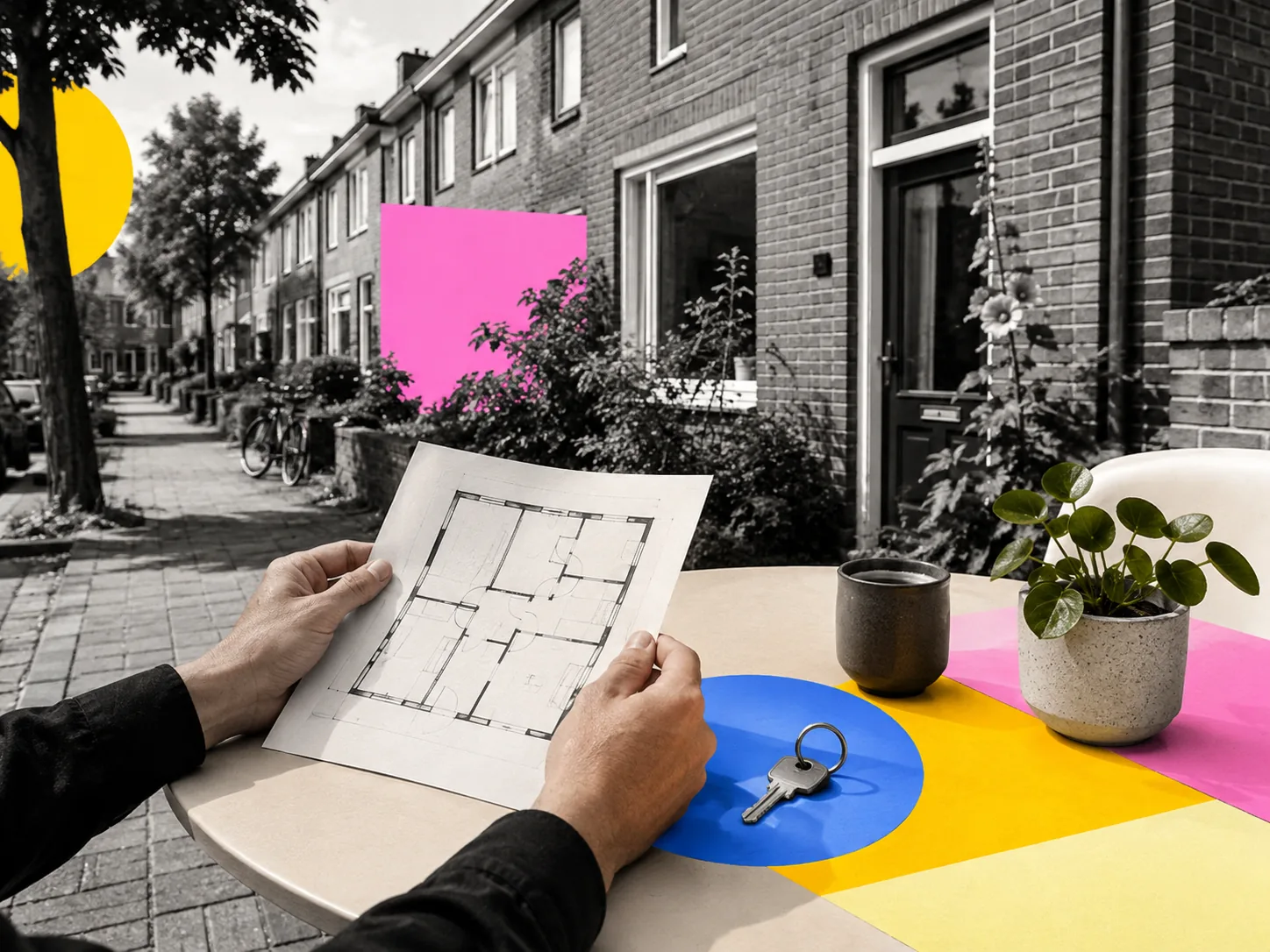 Handen met een plattegrond en sleutels naast een rij woningen in een woonstraat.
